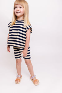 CREAM AND NAVY STRIPED SHIRT AND SHORTS SET