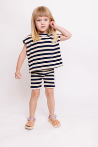 CREAM AND NAVY STRIPED SHIRT AND SHORTS SET