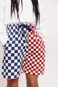 RED AND BLUE CHECKERBOARD SHORTS
