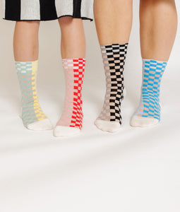 MAUVE AND RED CHECKERBOARD SOCKS