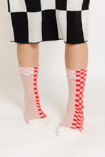 MAUVE AND RED CHECKERBOARD SOCKS
