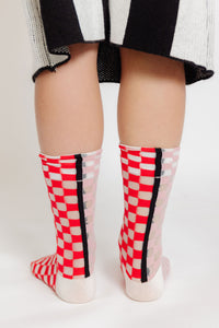 MAUVE AND RED CHECKERBOARD SOCKS